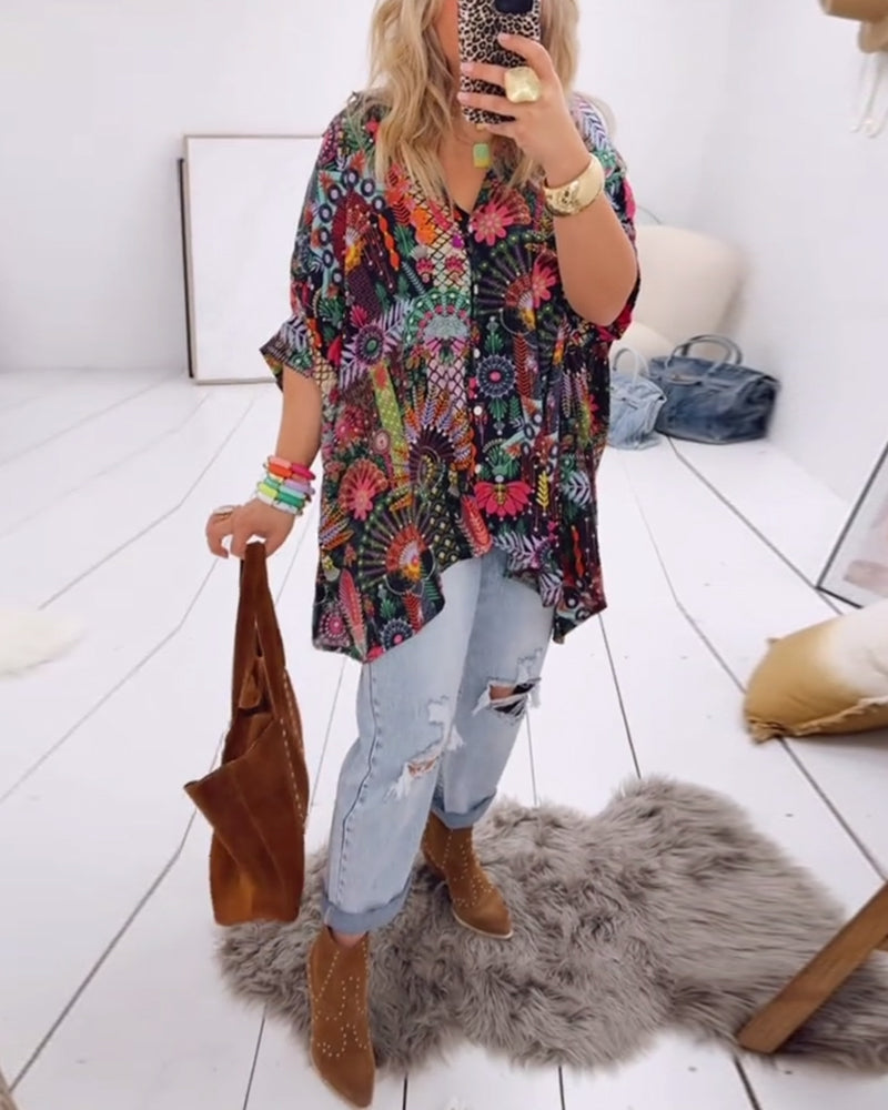 Printed blouse loose fit with lapel collar and half sleeves for women