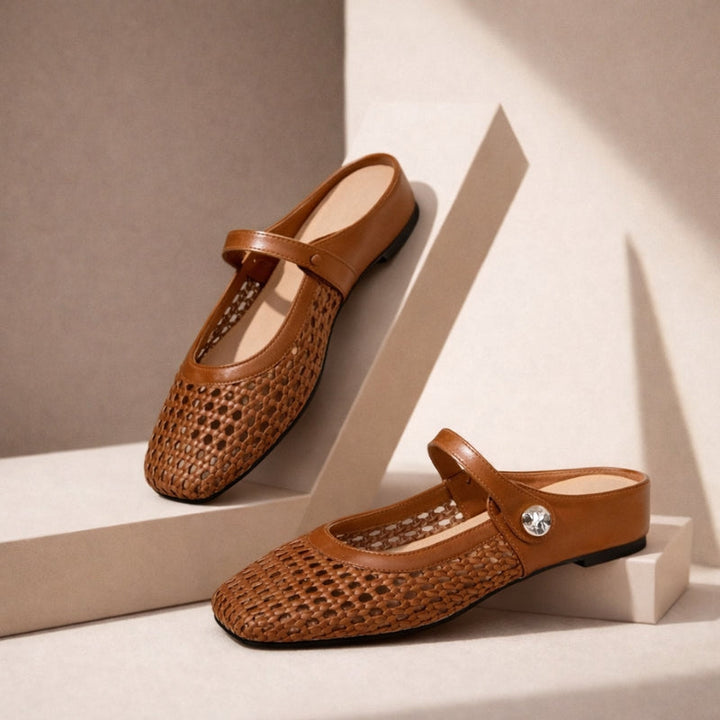 Woven mule flats with Mary Jane strap for women