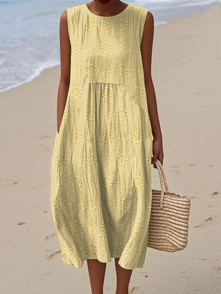 Embroidered summer midi dress with hidden pockets for women