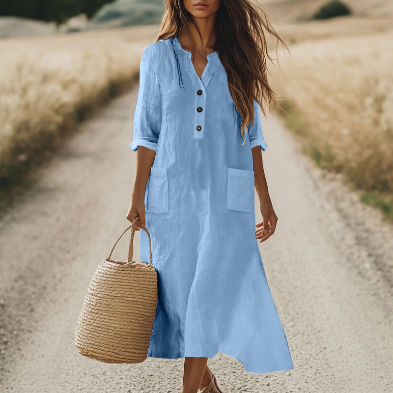 Kaftan dress with linen look henley neckline and pockets for women