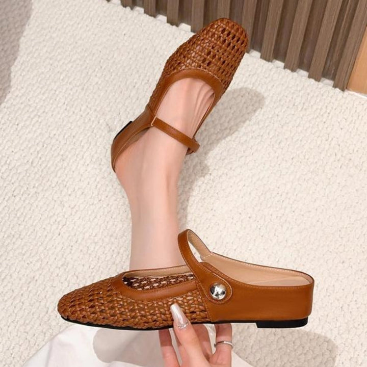 Woven mule flats with Mary Jane strap for women