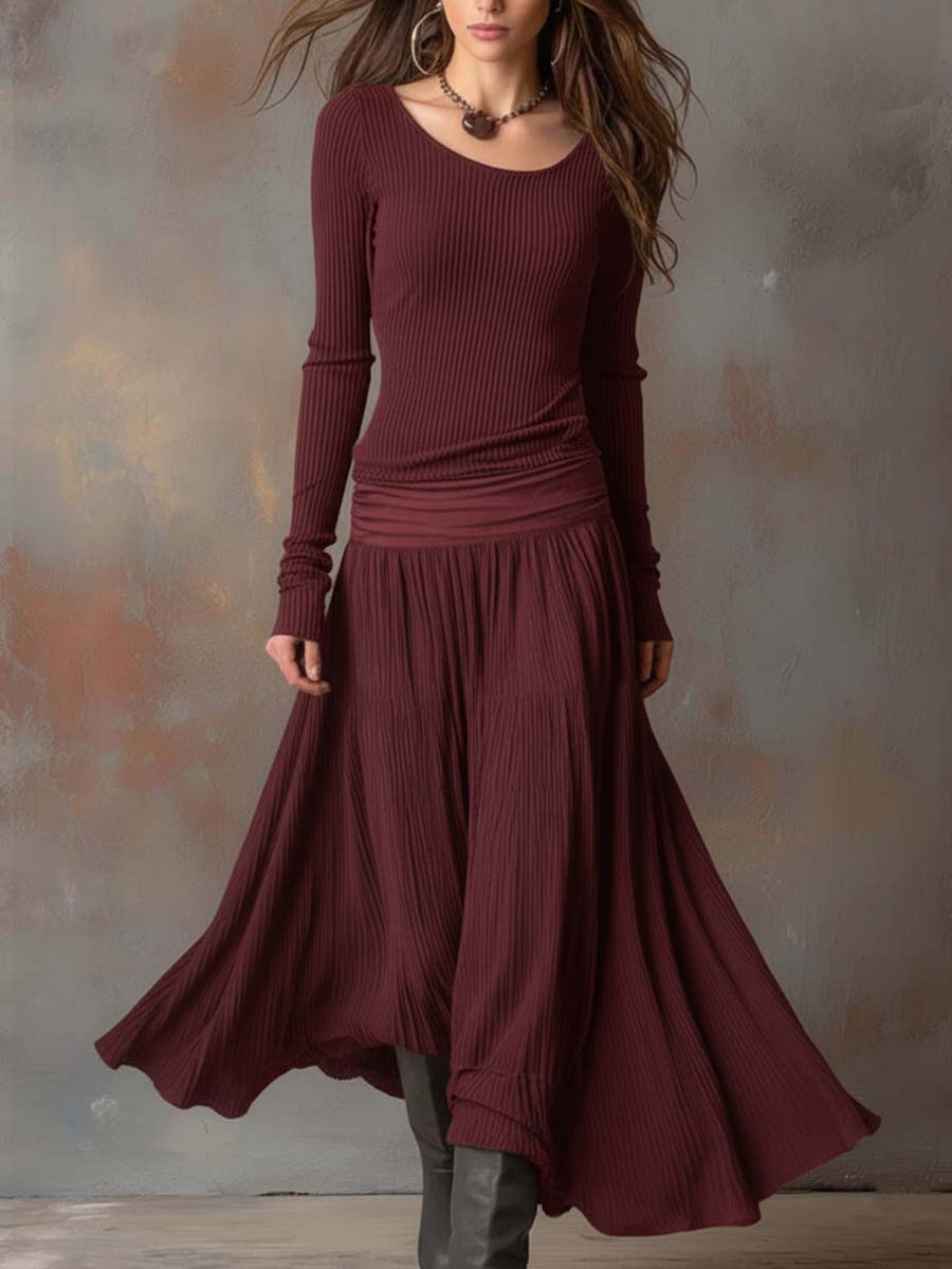 Noelle | Ribbed Knit Pleated Maxi Dress