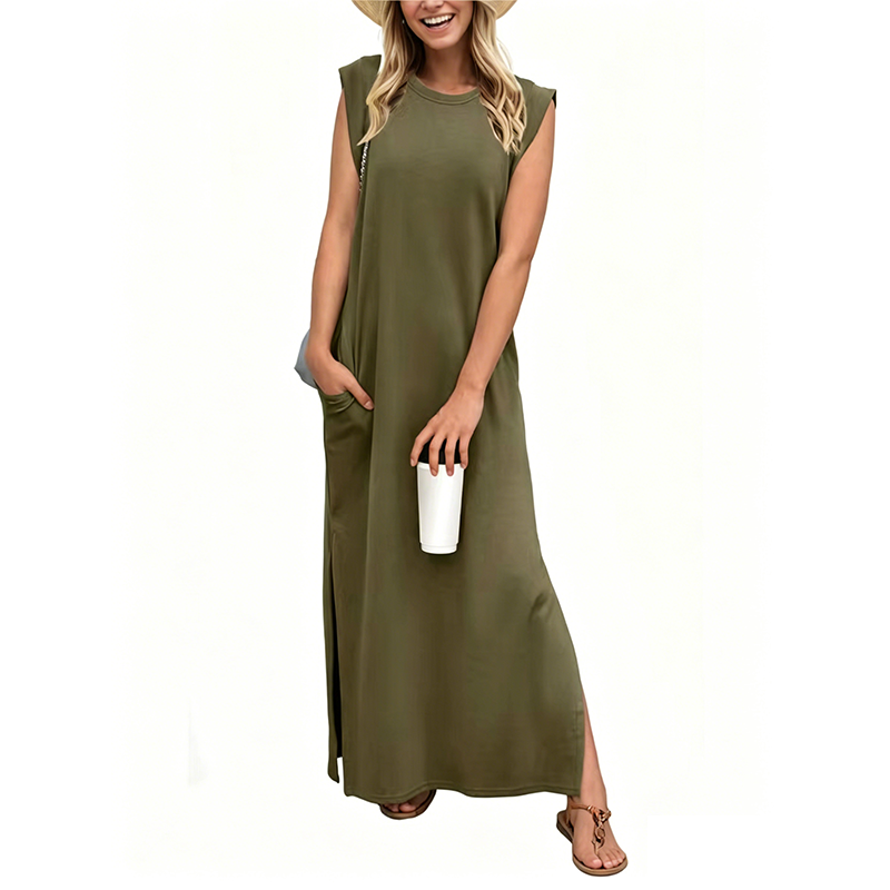 Sleeveless crew neck maxi dress with side pockets and slits for women