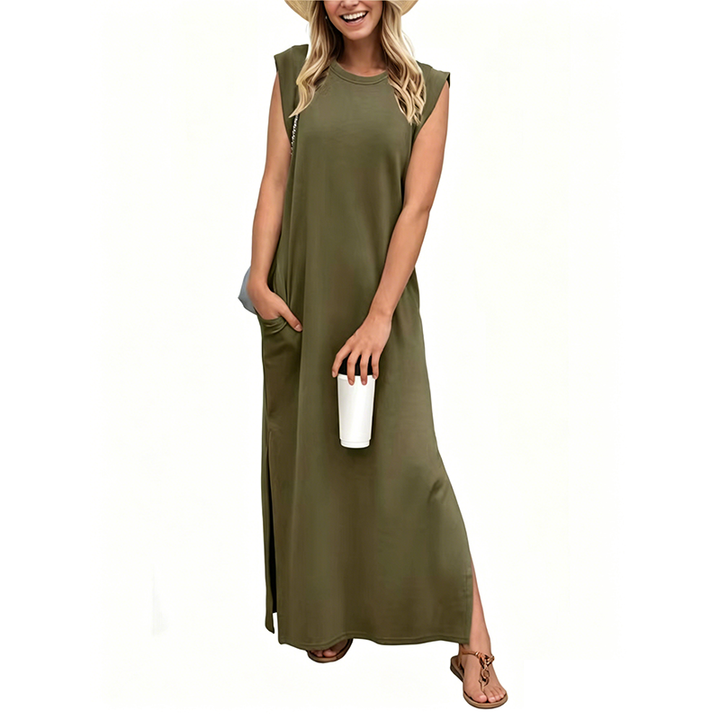 Sleeveless crew neck maxi dress with side pockets and slits for women