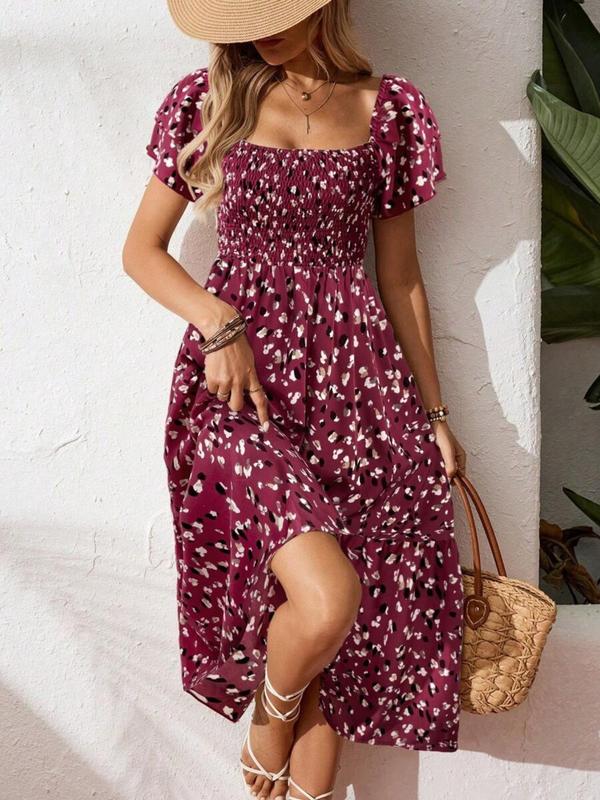 Square neck floral tiered midi dress for women