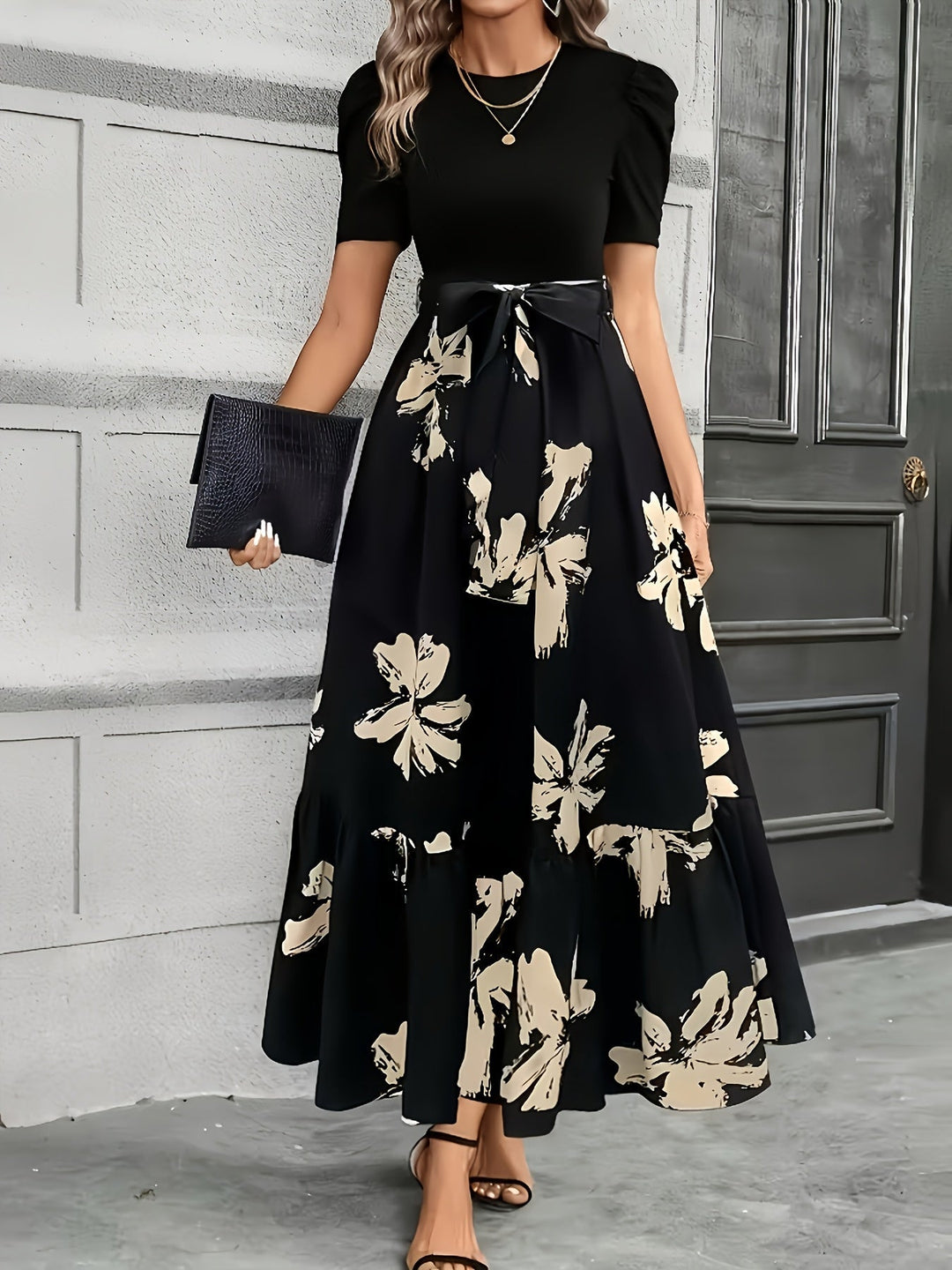 Floral maxi dress with puff sleeves and tie high waist for women