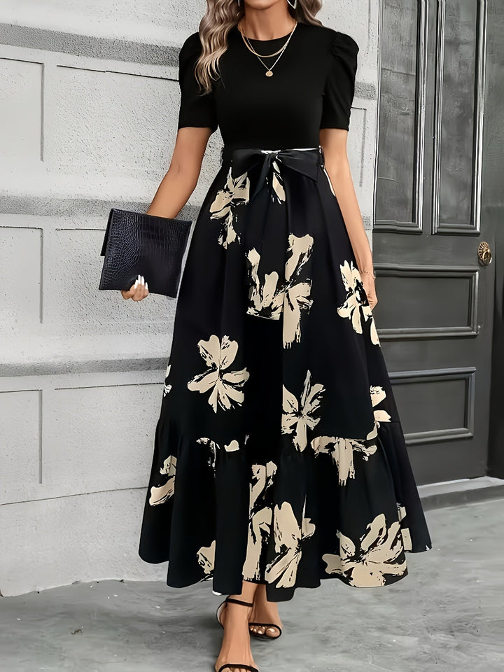 Floral maxi dress with puff sleeves and tie high waist for women