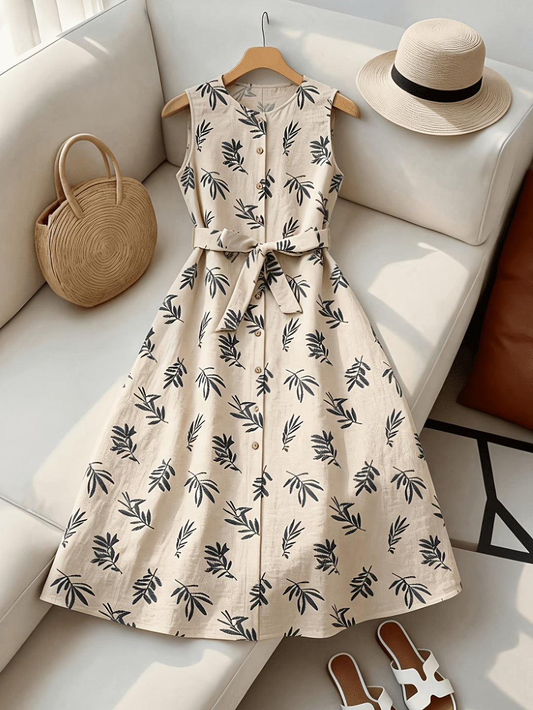 Sleeveless midi dress with tie belt for women