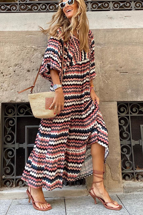 Tiered puff sleeve V-neck long dress for women