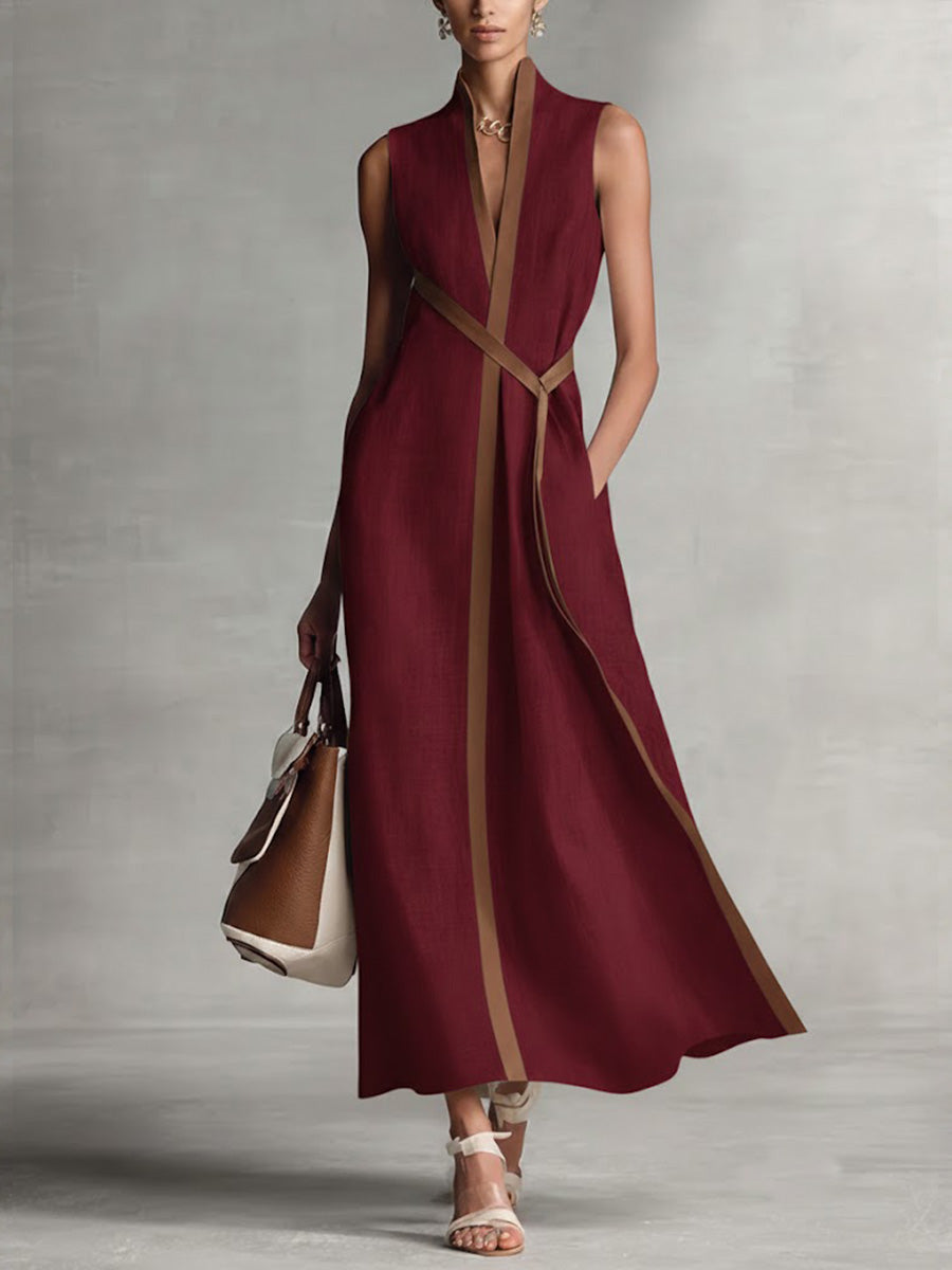 Sleeveless V-neck midi dress with contrast trim for women