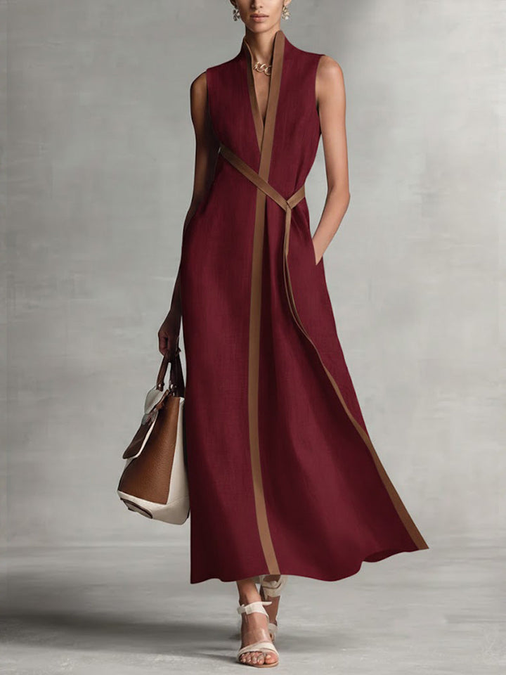 Sleeveless V-neck midi dress with contrast trim for women