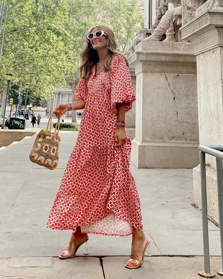 Tiered puff sleeve V-neck long dress for women