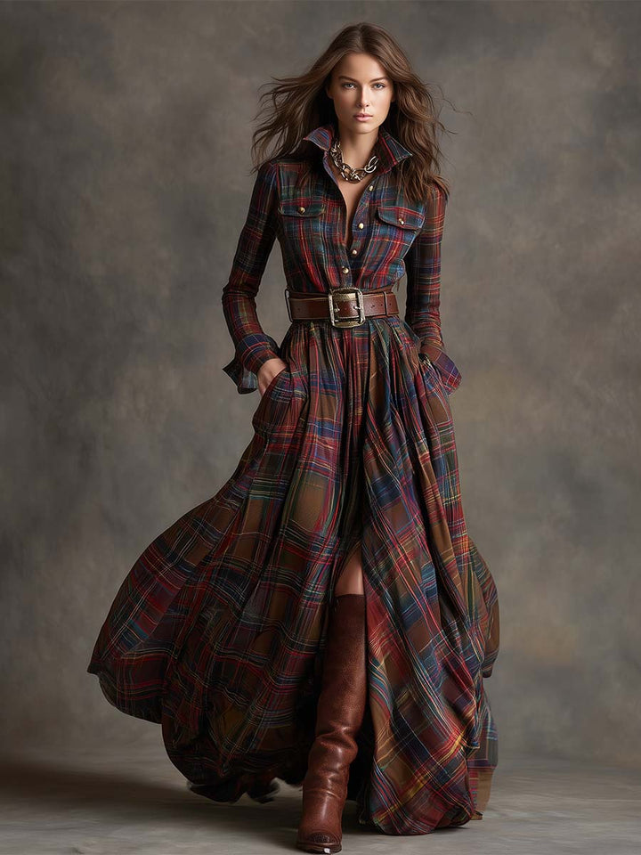 Button-up shirt dress with waist belt for women