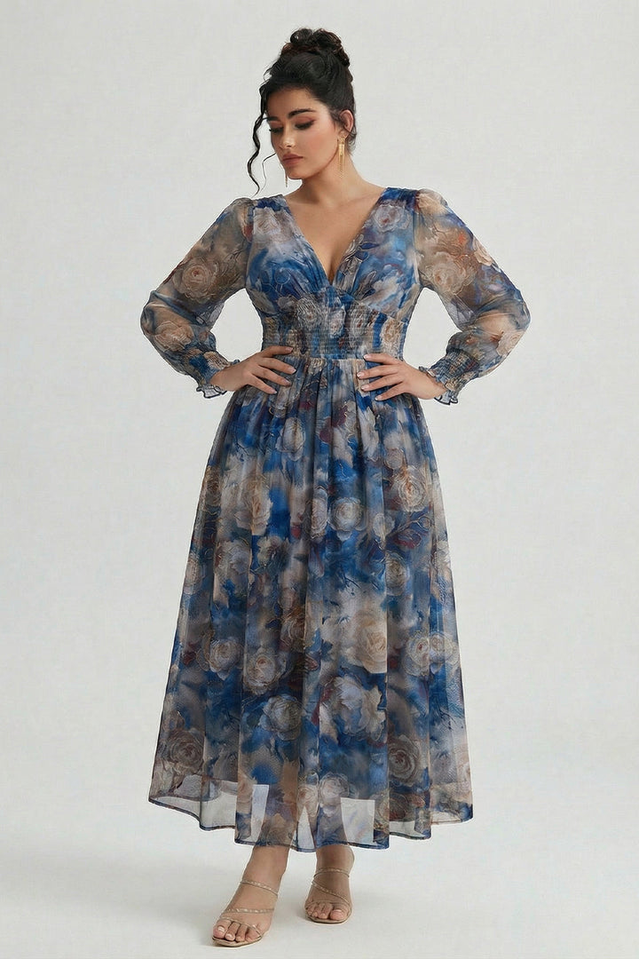 Plus size long sleeve maxi dress with floral waist for women