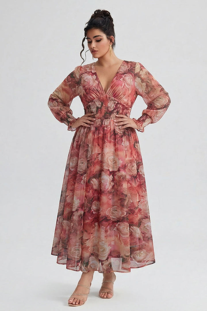 Plus size long sleeve maxi dress with floral waist for women