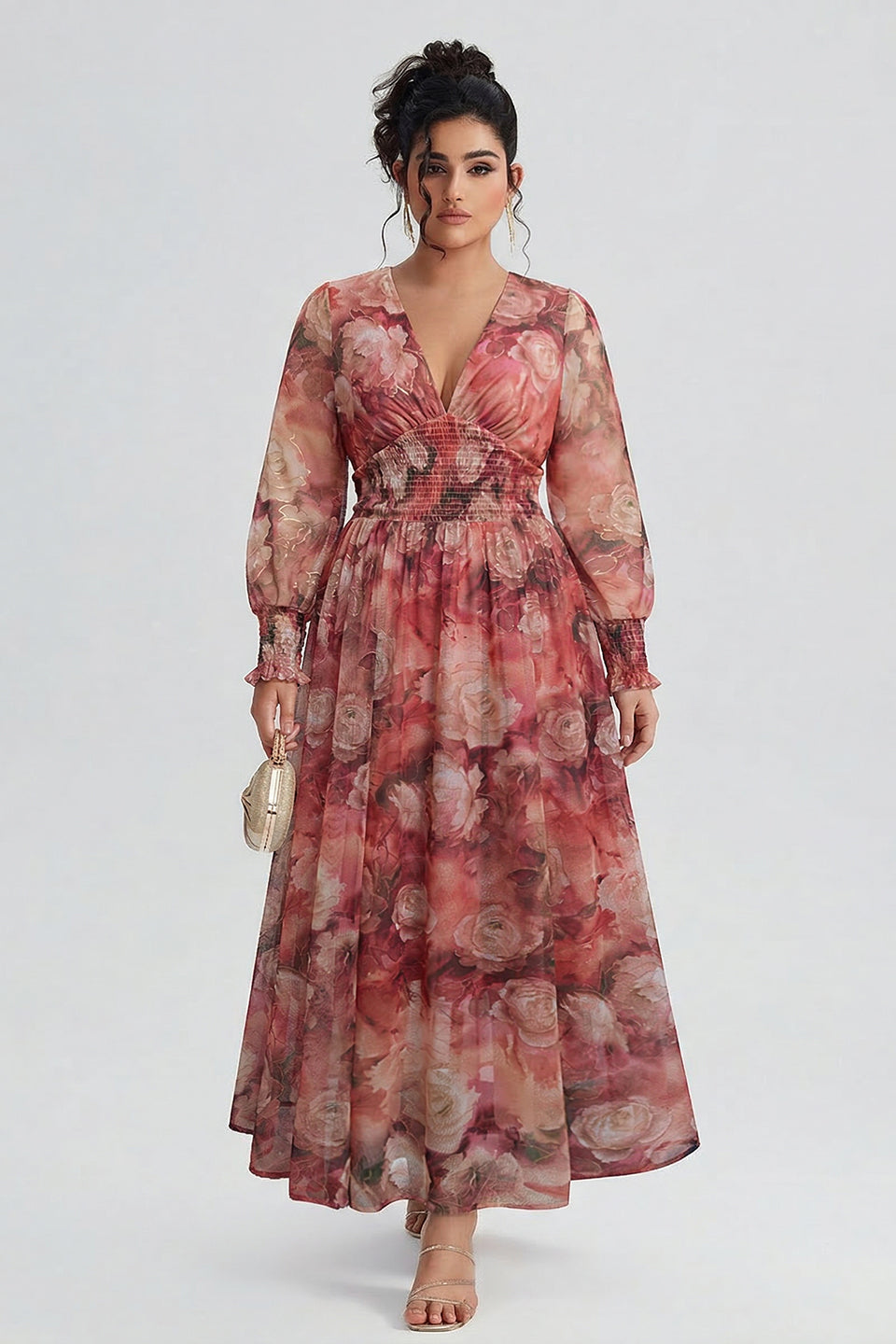Plus size long sleeve maxi dress with floral waist for women