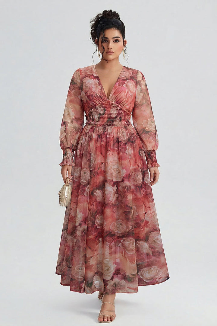 Plus size long sleeve maxi dress with floral waist for women