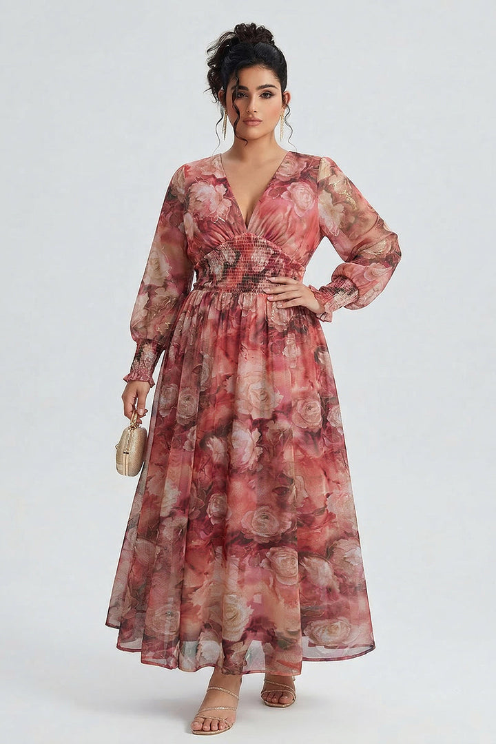Plus size long sleeve maxi dress with floral waist for women
