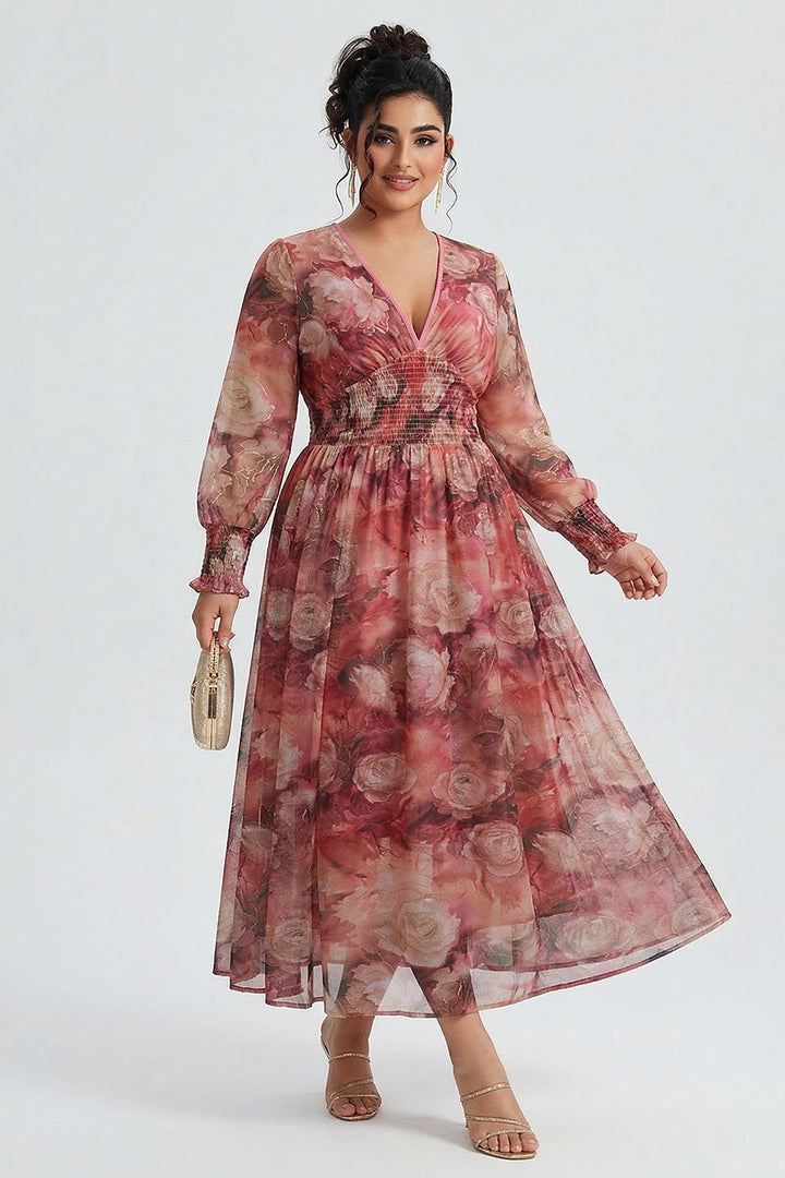 Plus size long sleeve maxi dress with floral waist for women