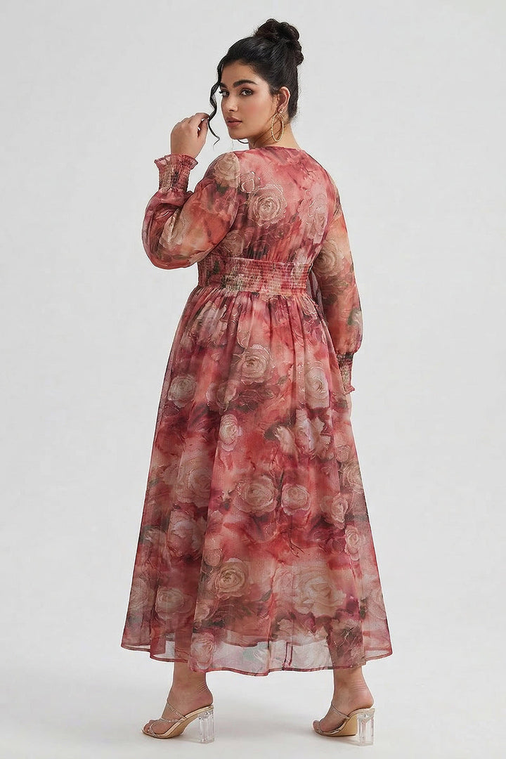 Plus size long sleeve maxi dress with floral waist for women