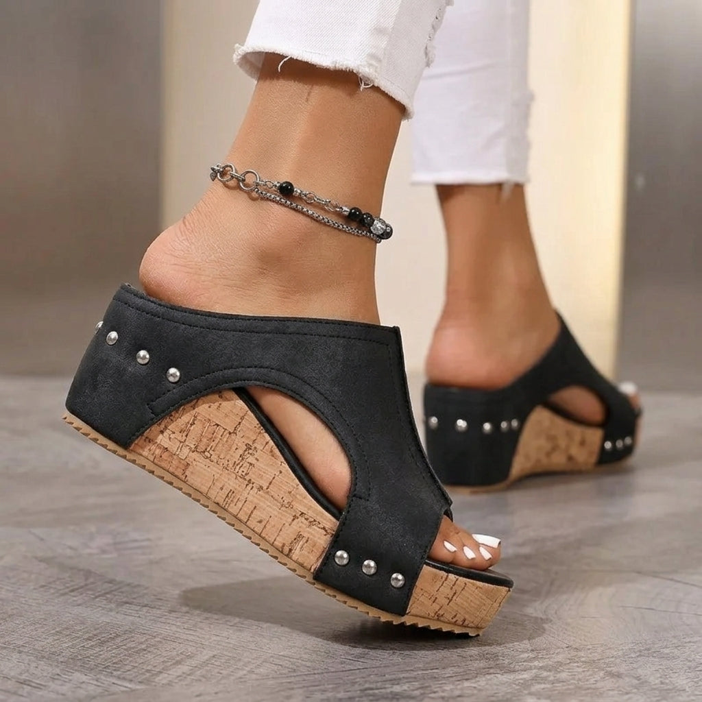 Platform wedge slide sandals with studs for women