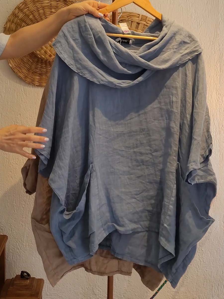 Cotton draped neck top with 3/4 sleeves and pockets for women