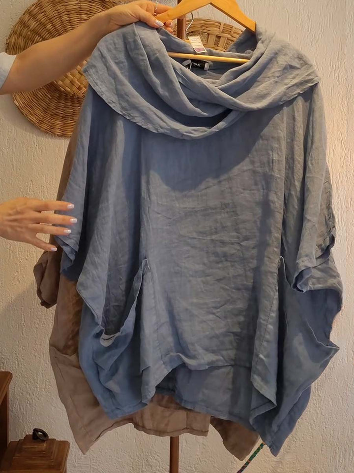 Cotton draped neck top with 3/4 sleeves and pockets for women