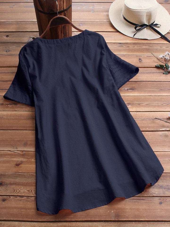 Cotton eyelet tunic top with button detail and short sleeves for women