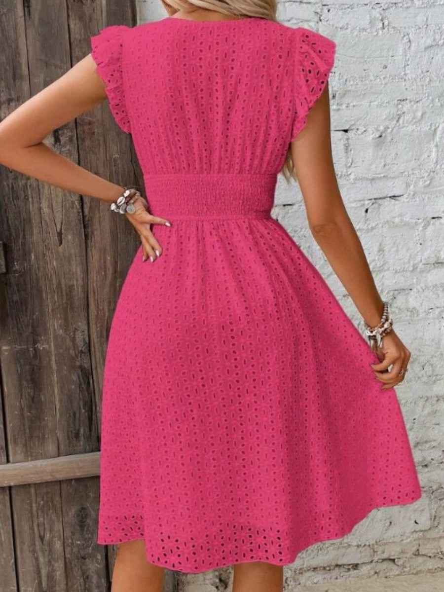 Eyelet midi dress linen blend flutter sleeve V-neck for women