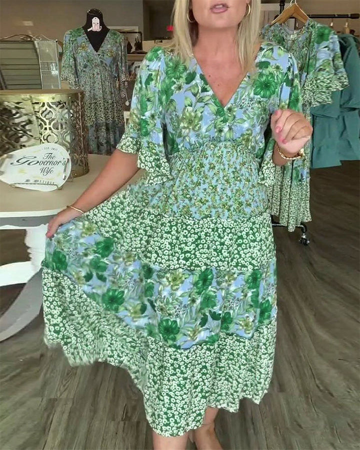 Floral maxi dress with V-neck and ruffle half sleeves for women