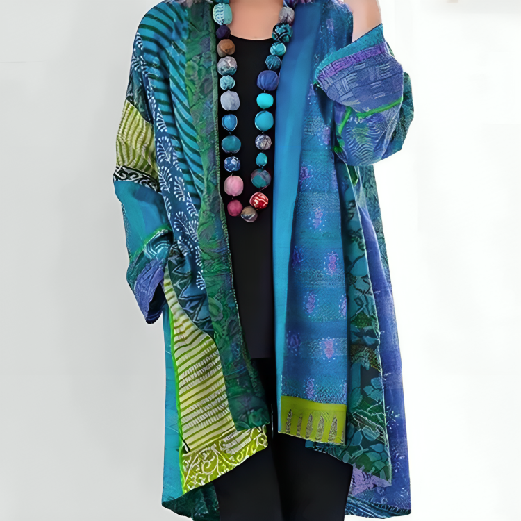 Patchwork print open front longline cardigan for women