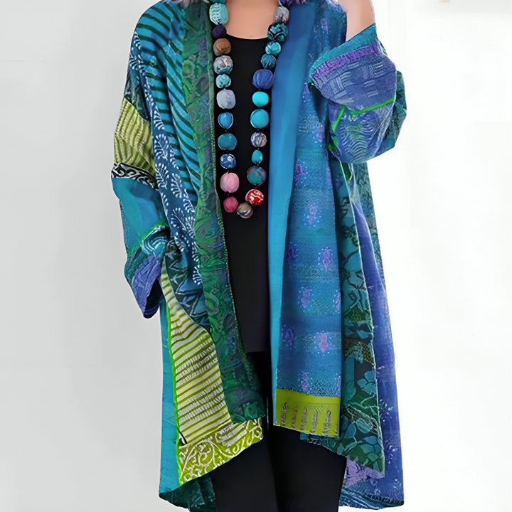 Patchwork print open front longline cardigan for women