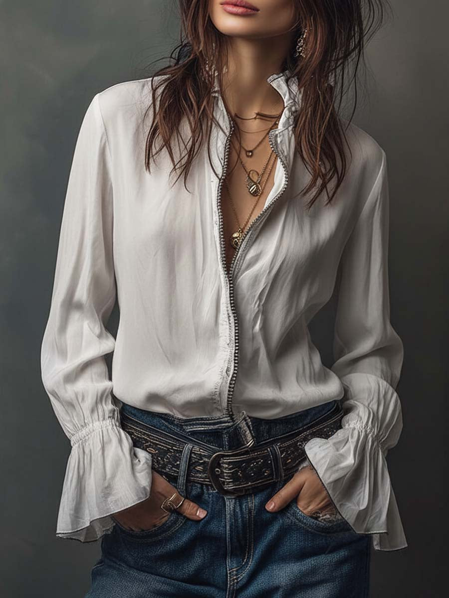 Zip-front blouse with flounce cuffs for women