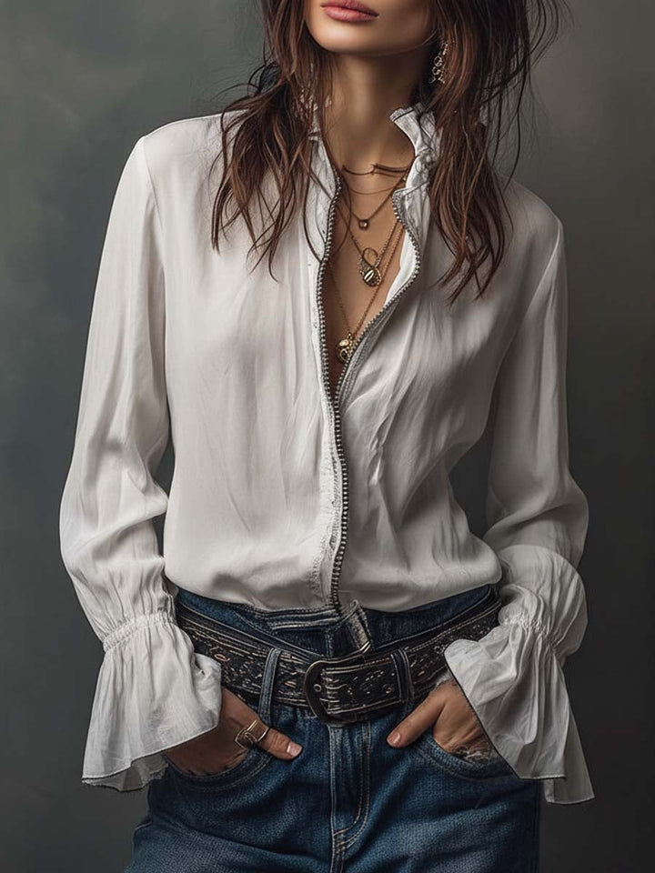 Zip-front blouse with flounce cuffs for women