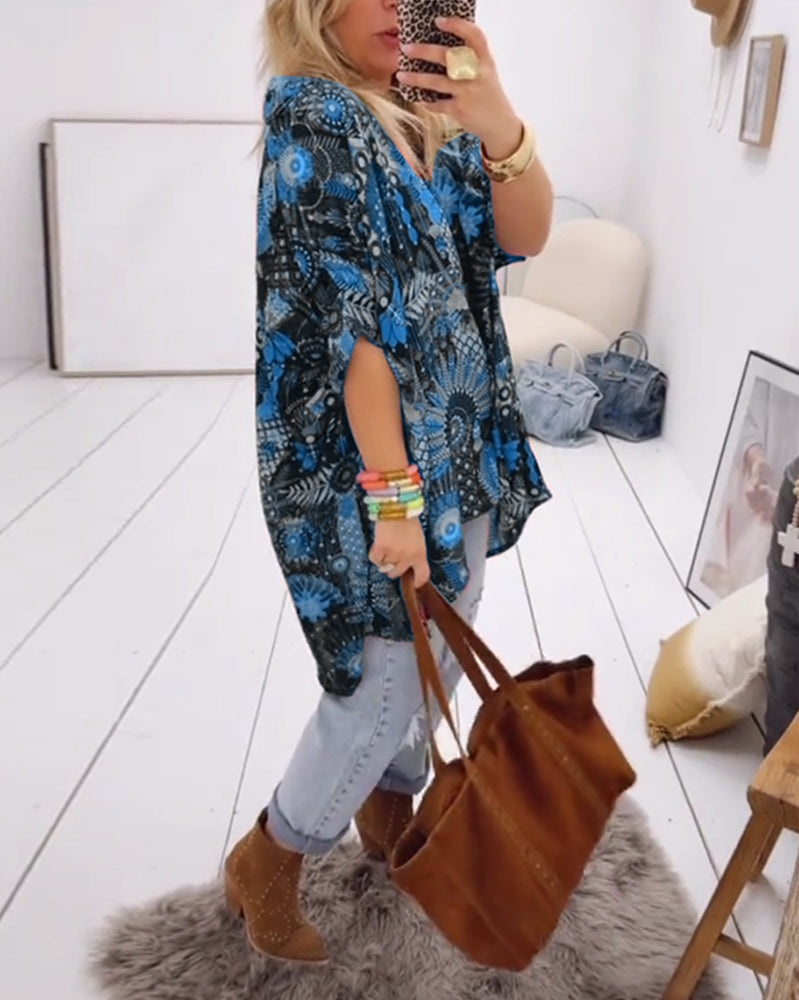 Printed blouse loose fit with lapel collar and half sleeves for women