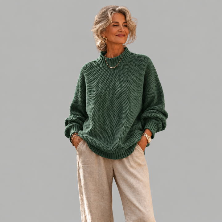 Mock neck chunky knit sweater relaxed fit for women