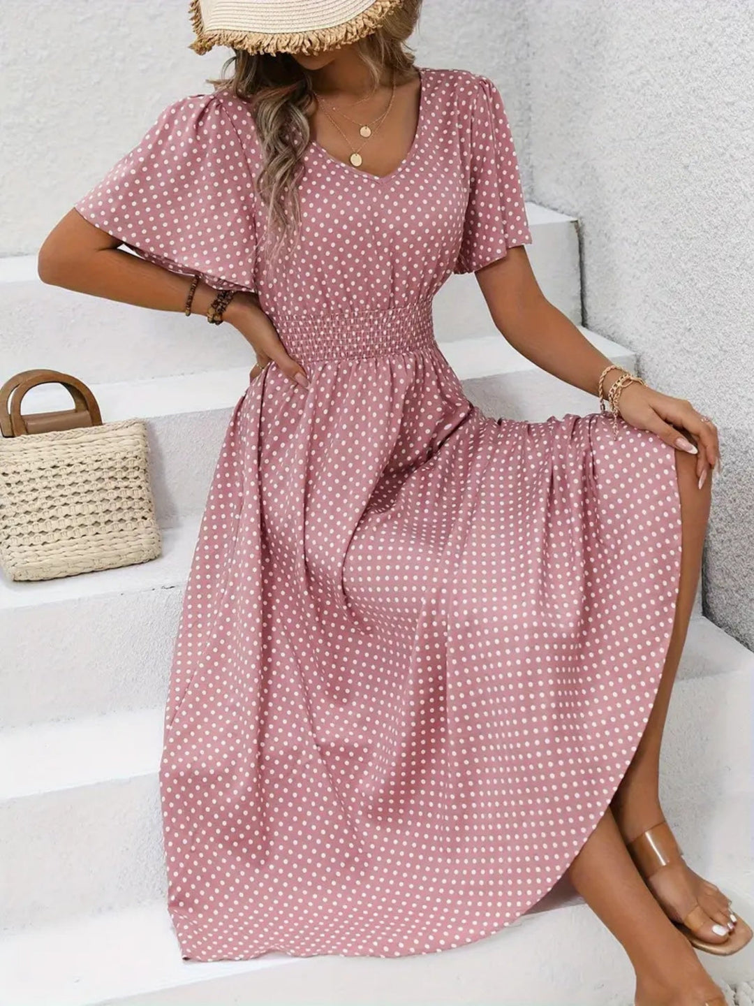 Polka dot maxi dress with flutter sleeves and shaped waist for women