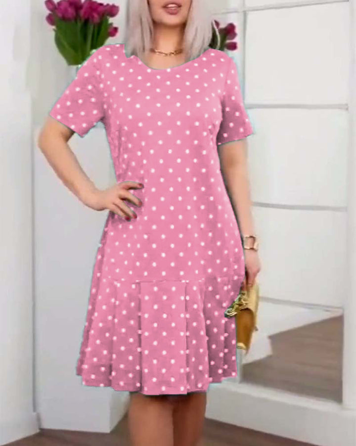 Polka dot dress knee length with buttons and short sleeves for women