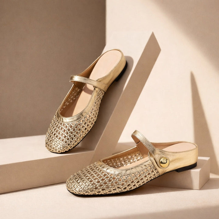 Woven mule flats with Mary Jane strap for women