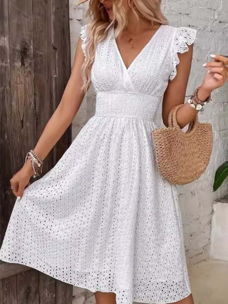 Eyelet midi dress linen blend flutter sleeve V-neck for women