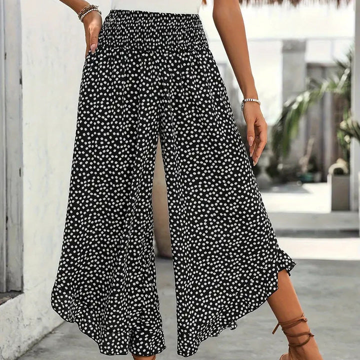 Printed wide leg pants with high elastic waist and ruffle hem for women