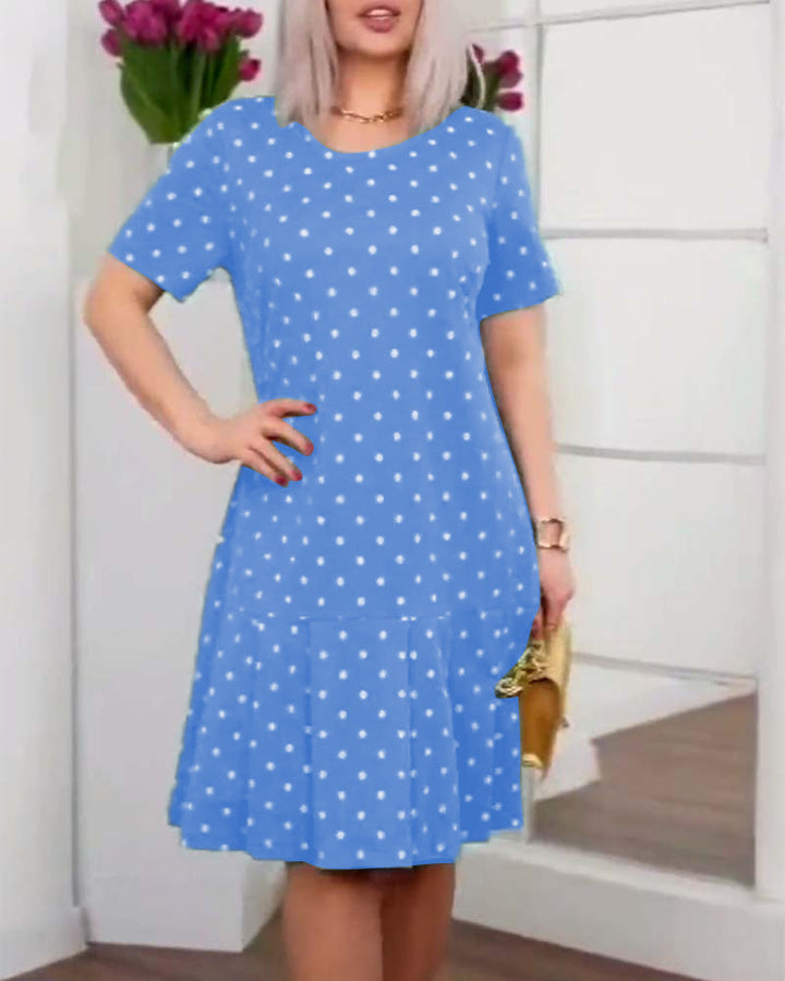 Polka dot dress knee length with buttons and short sleeves for women
