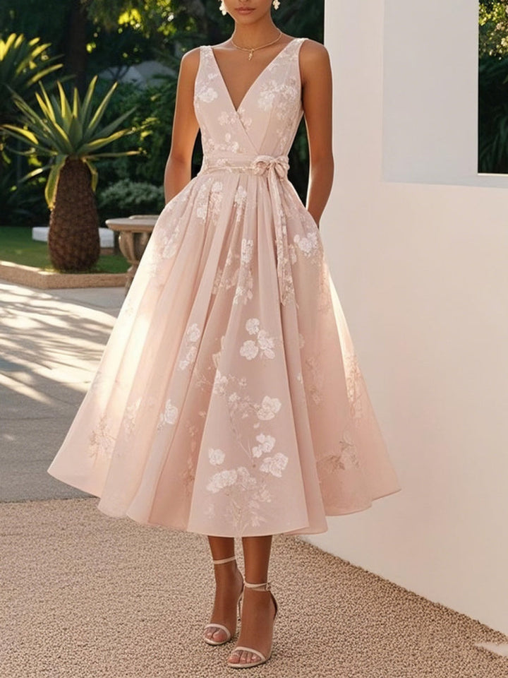 Floral maxi dress sleeveless V-neck A-line for women