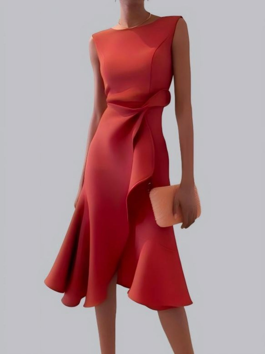 Sleeveless midi dress with ruffle asymmetric hem and crew neck for women