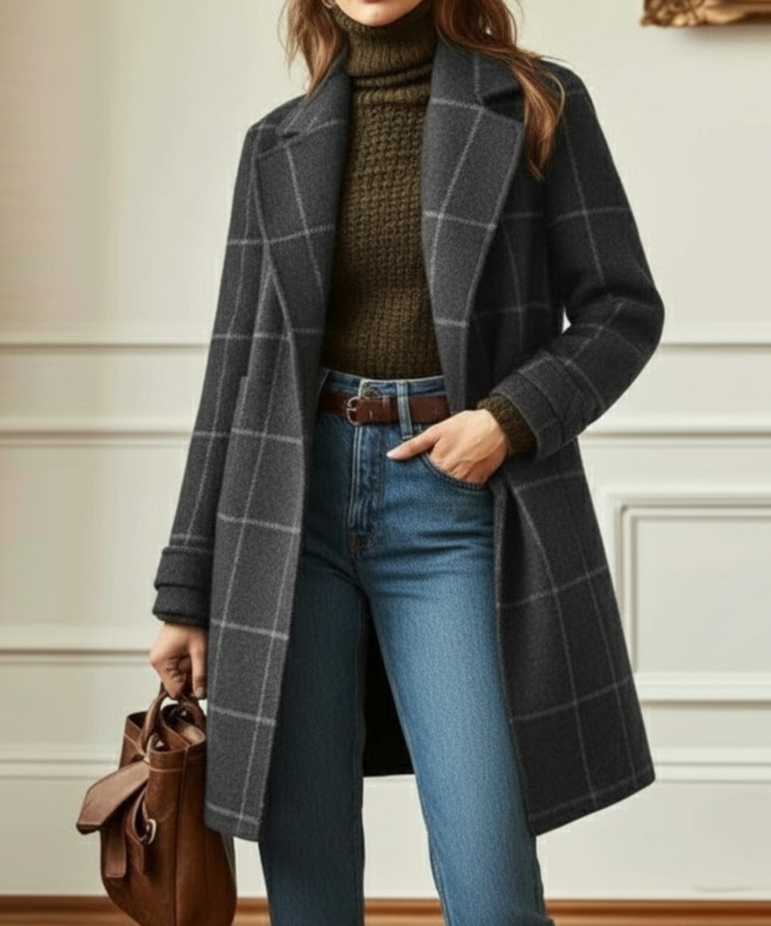 Wool-Blend Tweed Check Coat for Women