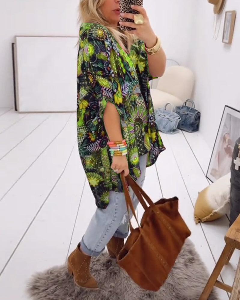 Printed blouse loose fit with lapel collar and half sleeves for women