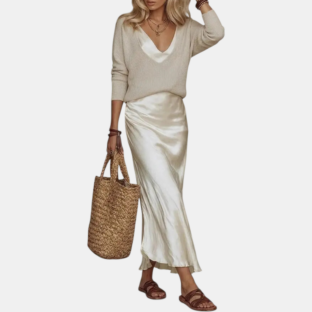 Knit sweater and satin midi skirt set two-piece for women