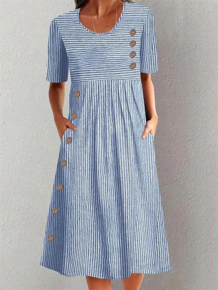 Cotton striped midi dress with side buttons and pockets for women