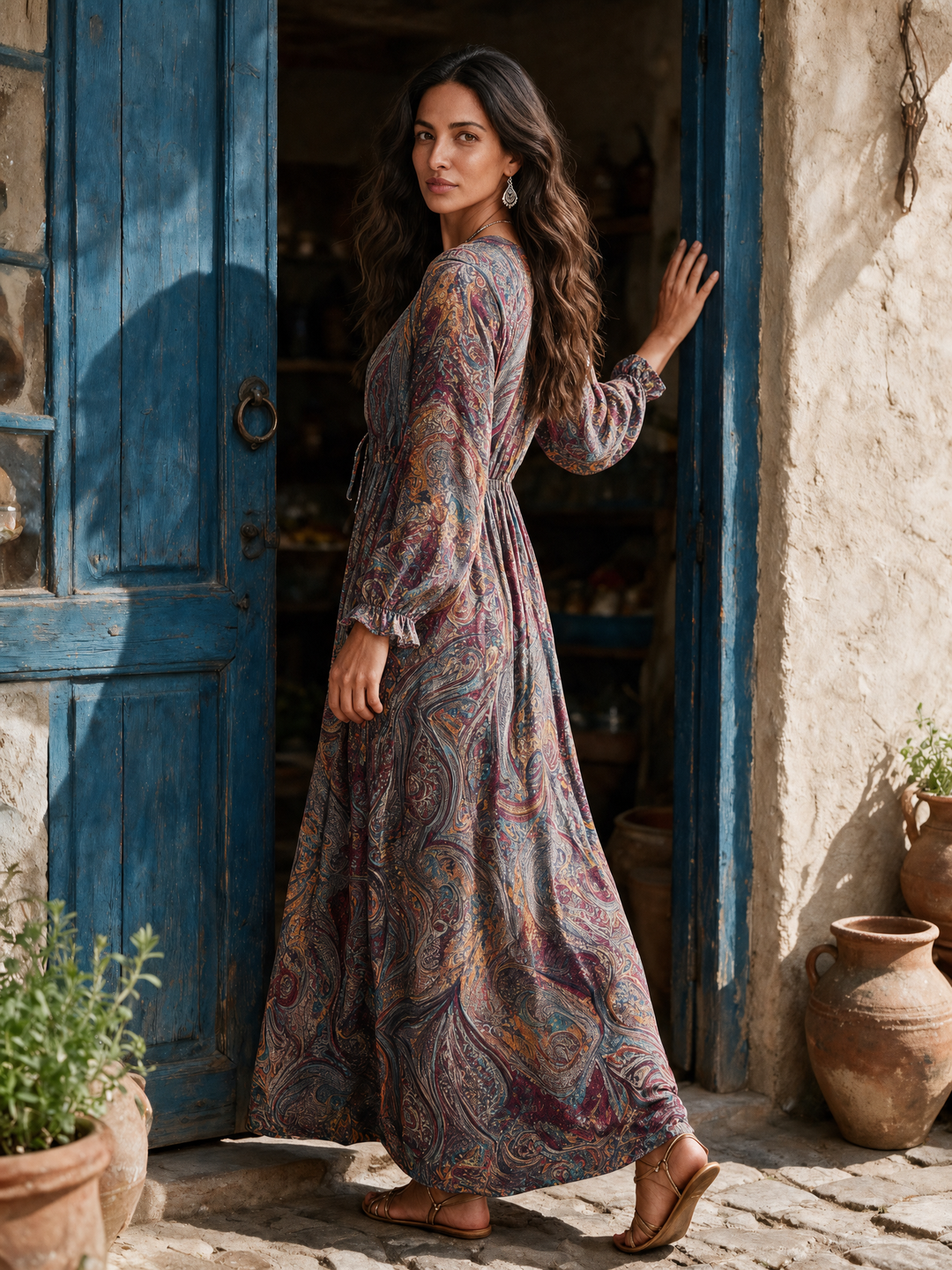 Paisley print v-neck maxi dress with tie waist for women