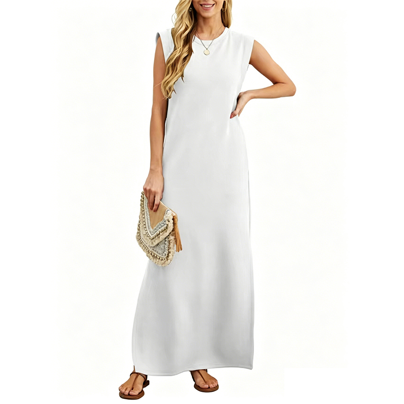 Sleeveless crew neck maxi dress with side pockets and slits for women